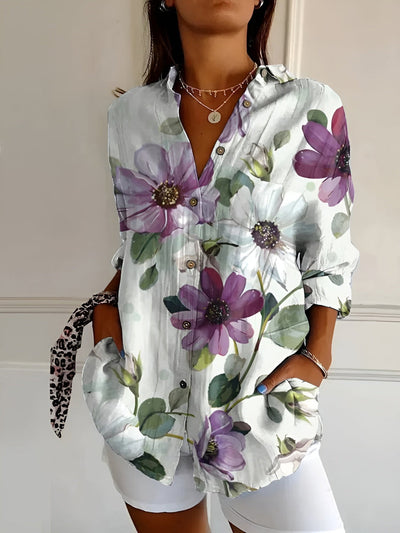 FAITH | FLORAL BUTTON-UP BLOUSE WITH FLATTERING TUMMY COVERAGE